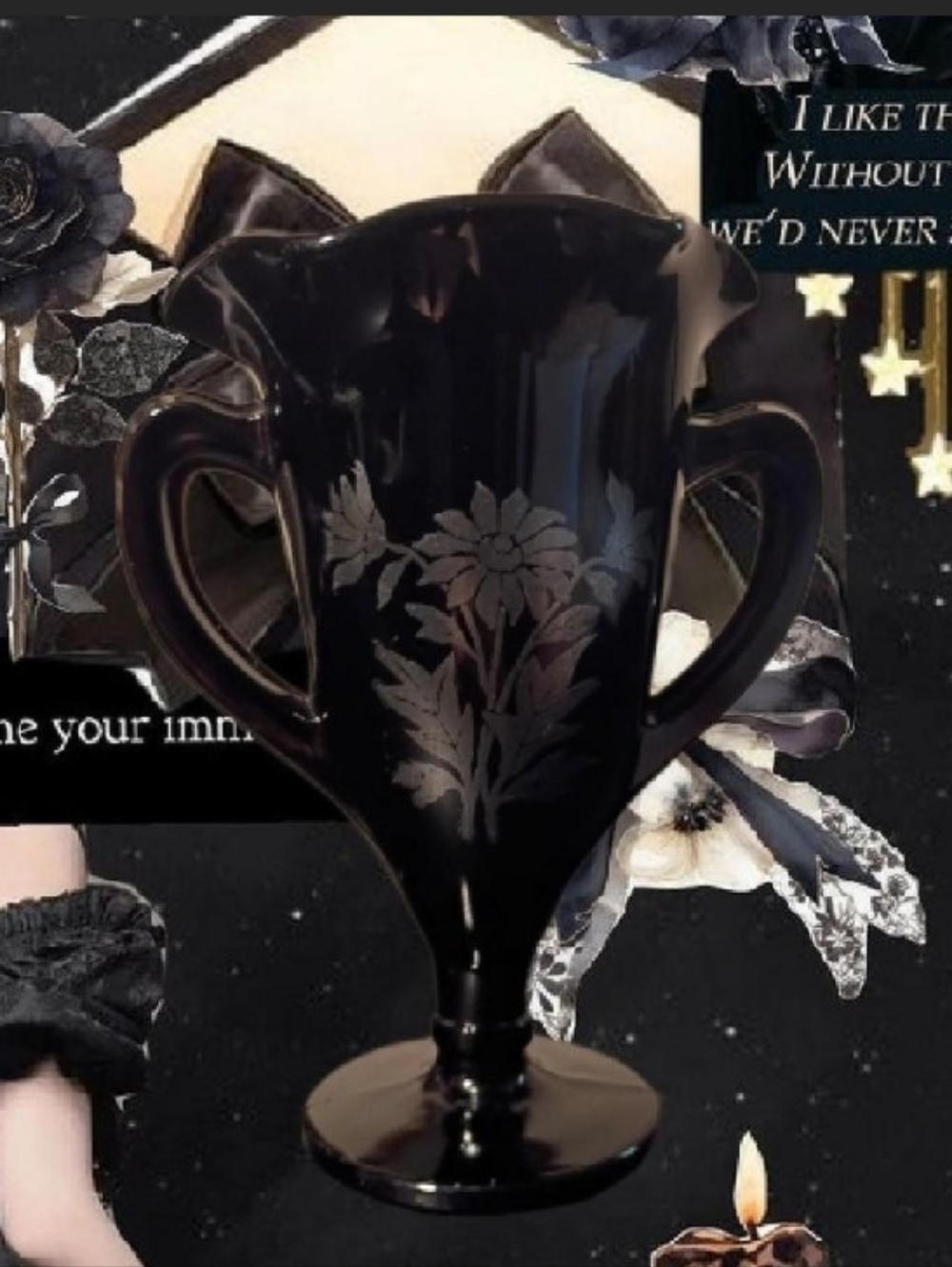 VTG 30s LE Smith Black Amethyst Glass Trophy Loving Vase W/Silver Floral Overlay